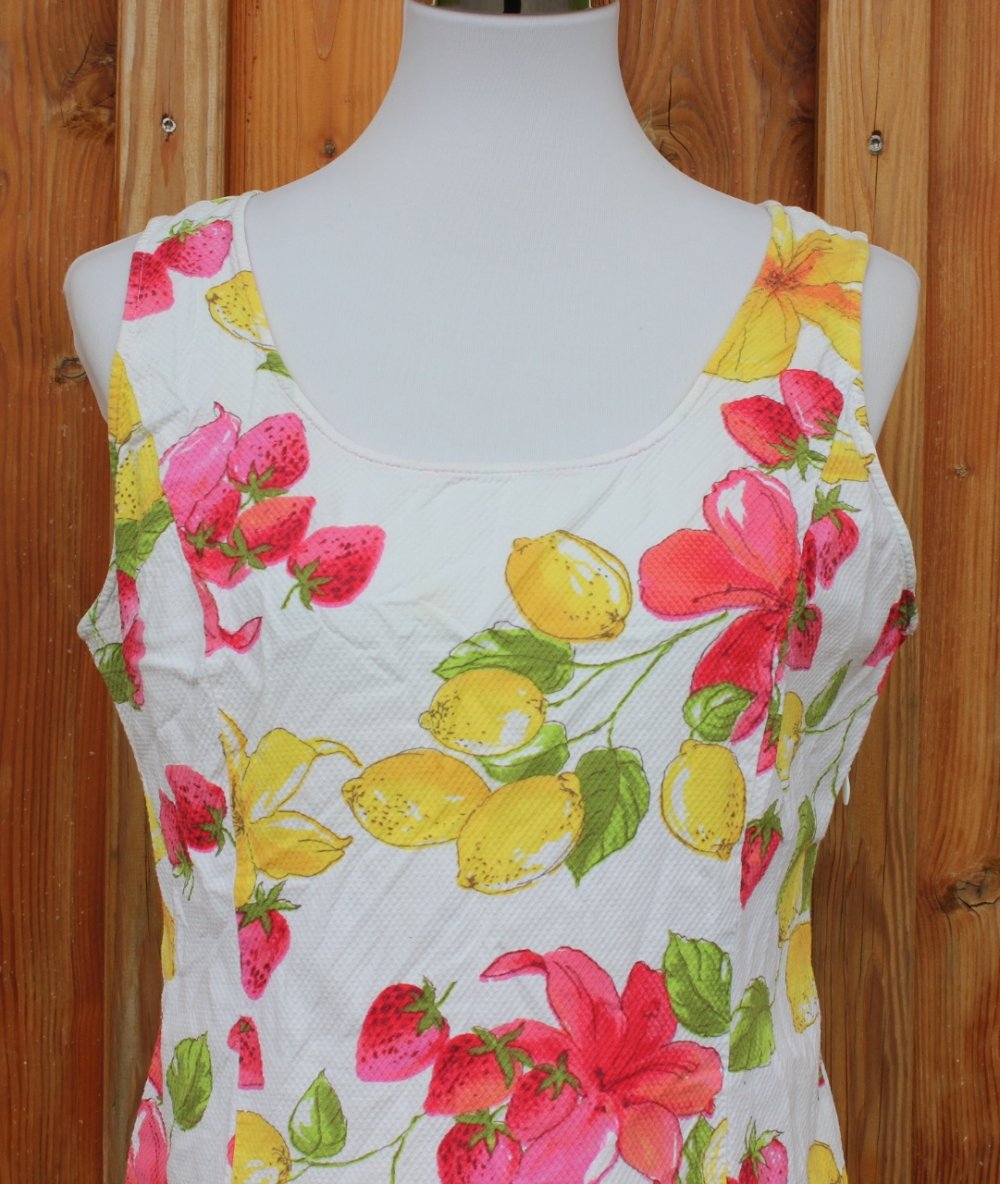 weißes kurzes Vintagekleid mit Zitronen, Erdbeeren und Blumenmuster, Gläser, Gr. 40, Sommerkleid