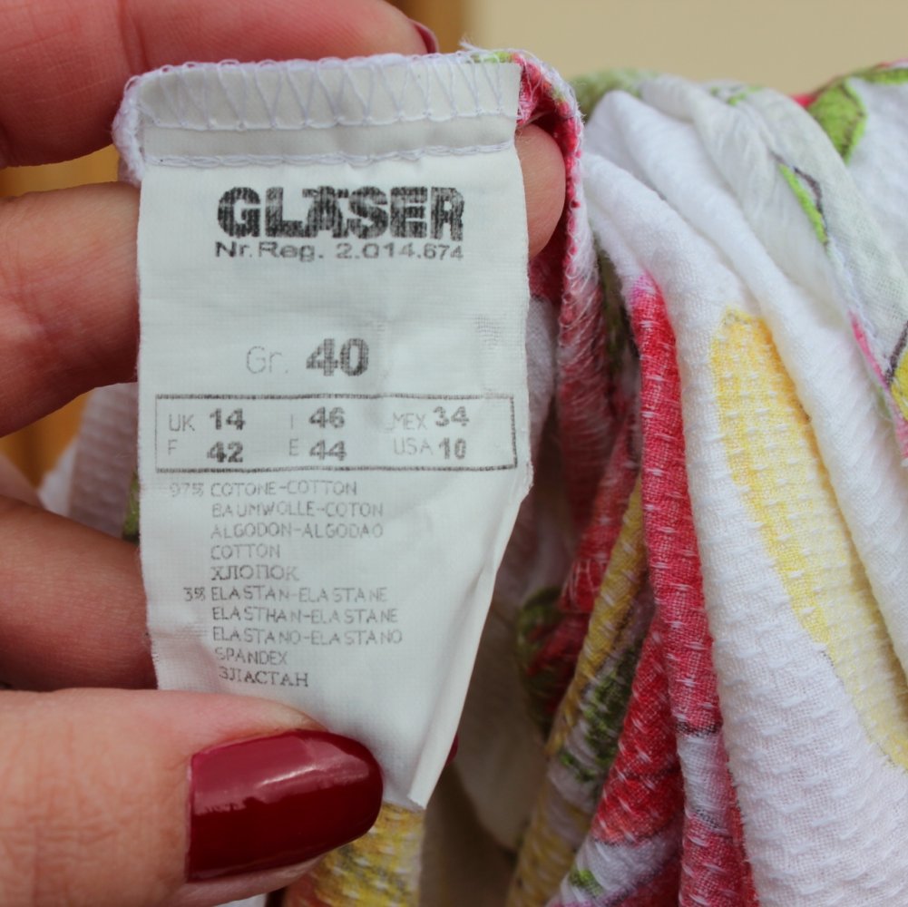 weißes kurzes Vintagekleid mit Zitronen, Erdbeeren und Blumenmuster, Gläser, Gr. 40, Sommerkleid
