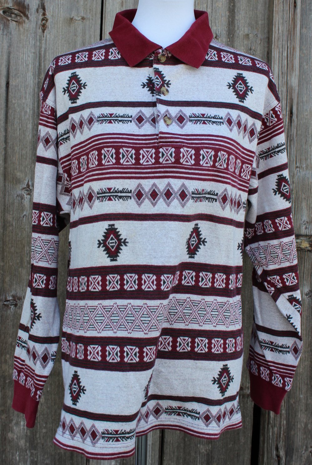 creme rot grauer Vintage Pullover mit Aztekenmuster, Marcel Clair, Größe 40/42