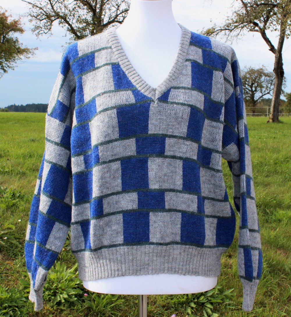 grau blau und dunkelgrüner True Vintage Oversize Pullover, geometrisches Muster, Größe S