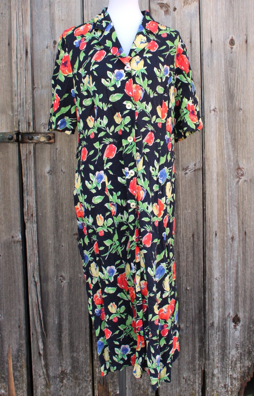 dunkelblaues True Vintagekleid, Midikleid mit Blumenmuster, Größe 44