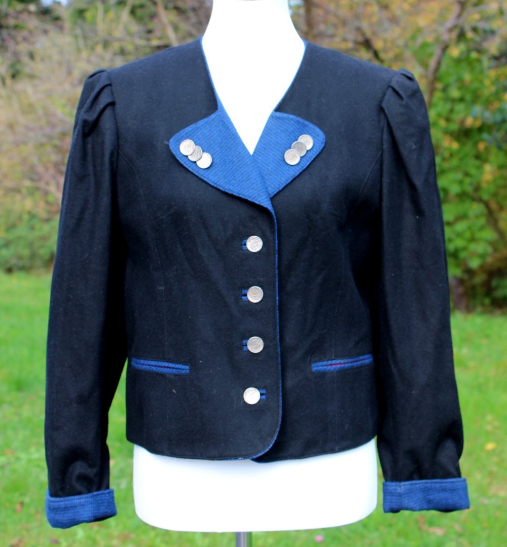 schwarze True Vintage Trachtenjacke, Alphorn, Größe 38