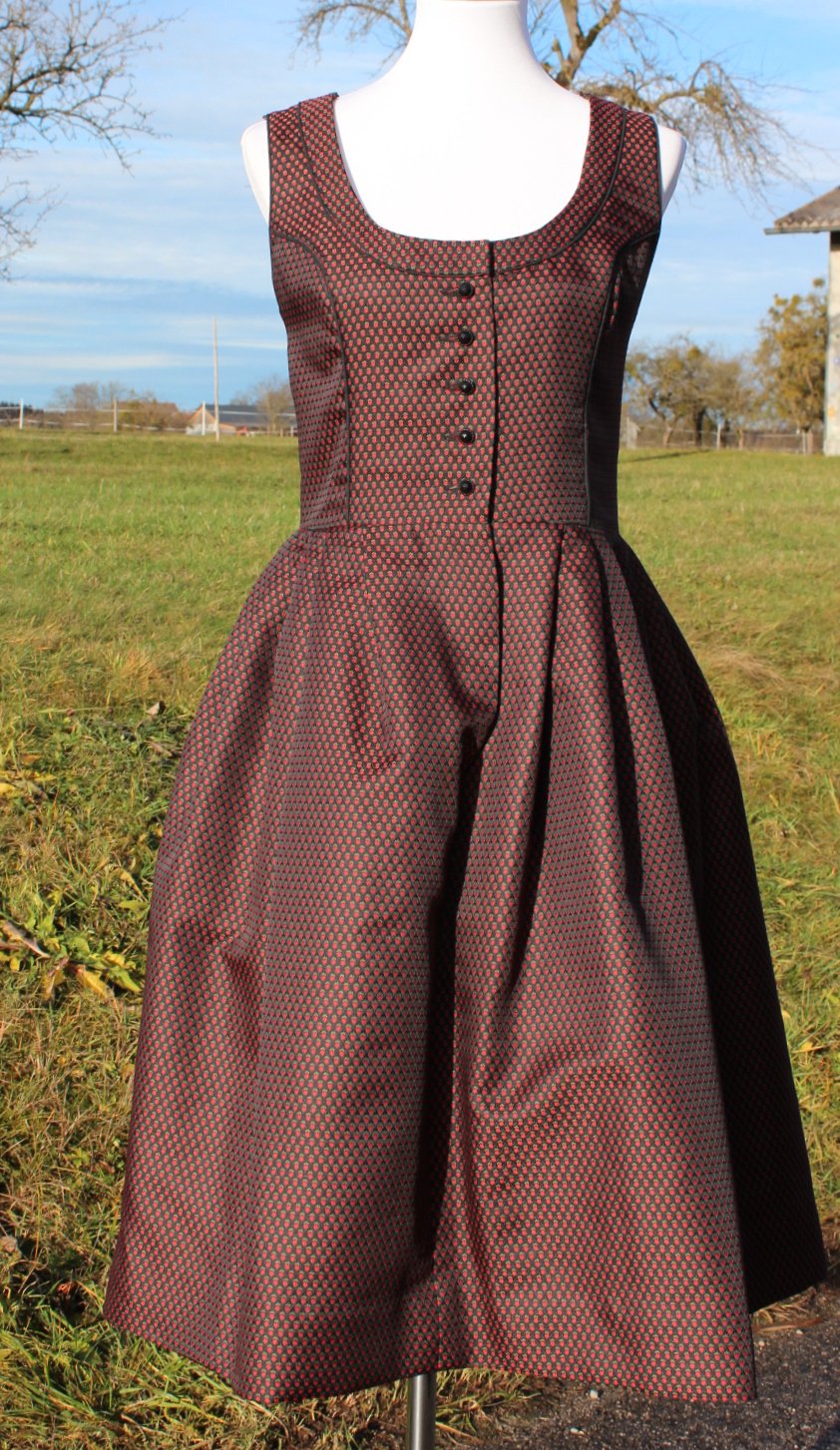 schwarzes True Vintage Dirndl mit Rosenmuster, ca. Größe 38, komplett mit Schürze, Festtagstracht