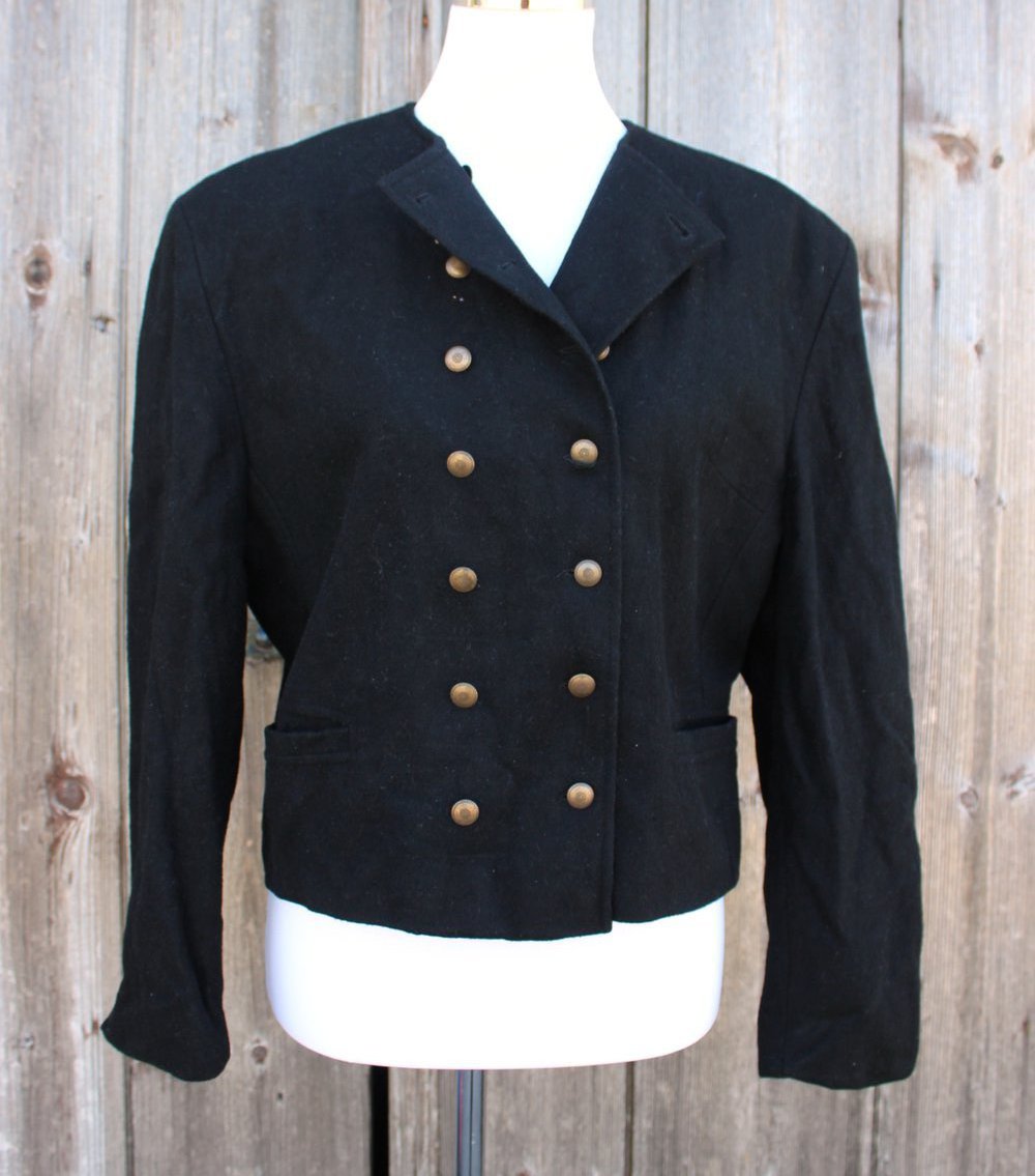 schwarze Vintage Jacke aus Schurwolle, Größe D 42, Trachtenjacke, Schurwolljacke