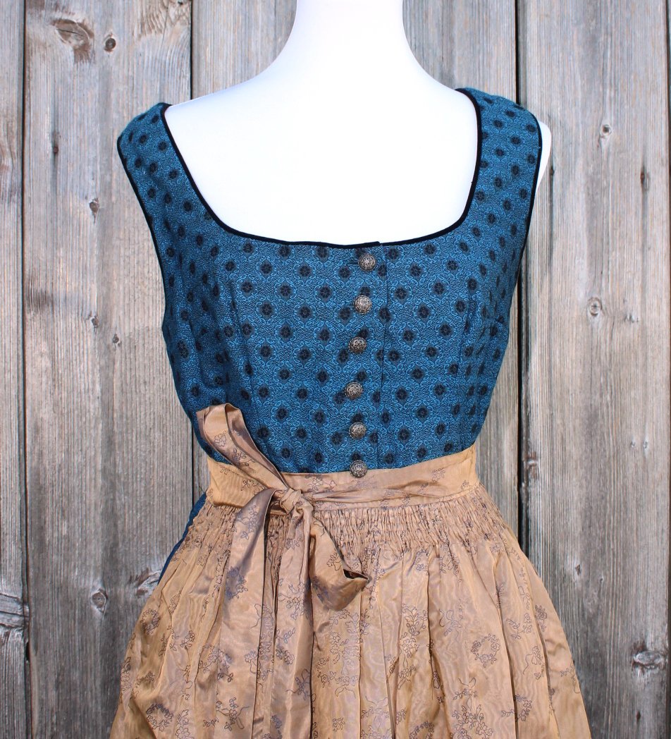 kurzes blaues True Vintagedirndl z.T. aus Brokat, inkl. Schürze, ca. Größe 42, Bogenhauser Thoma