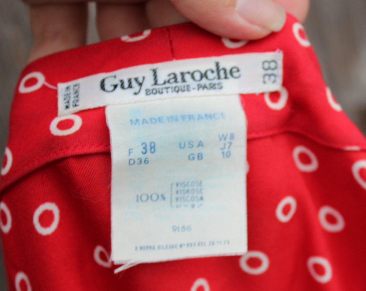 rotes True Vintagekleid mit weißem Muster, Guy Laroche, Größe 36, Designerkleid, Haute Couture