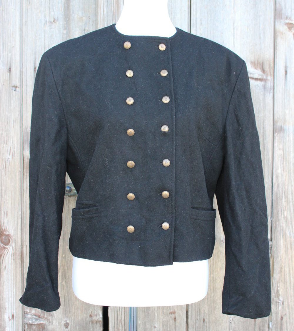 schwarze Vintage Jacke aus Schurwolle, Größe D 42, Trachtenjacke, Schurwolljacke