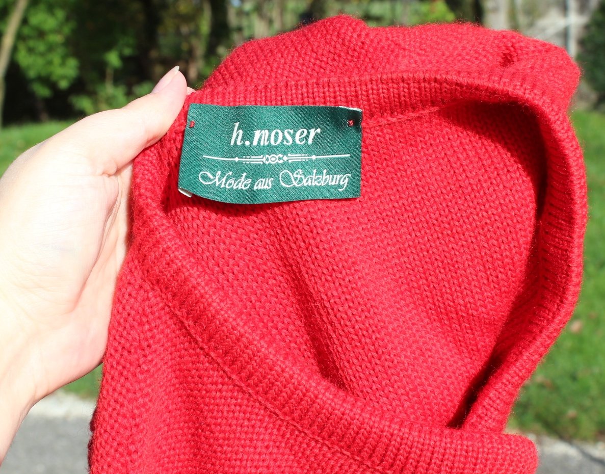 rote True Vintage Trachten Stickjacke, h.moser, ca. Größe 38-40, Strickweste, Trachtenweste