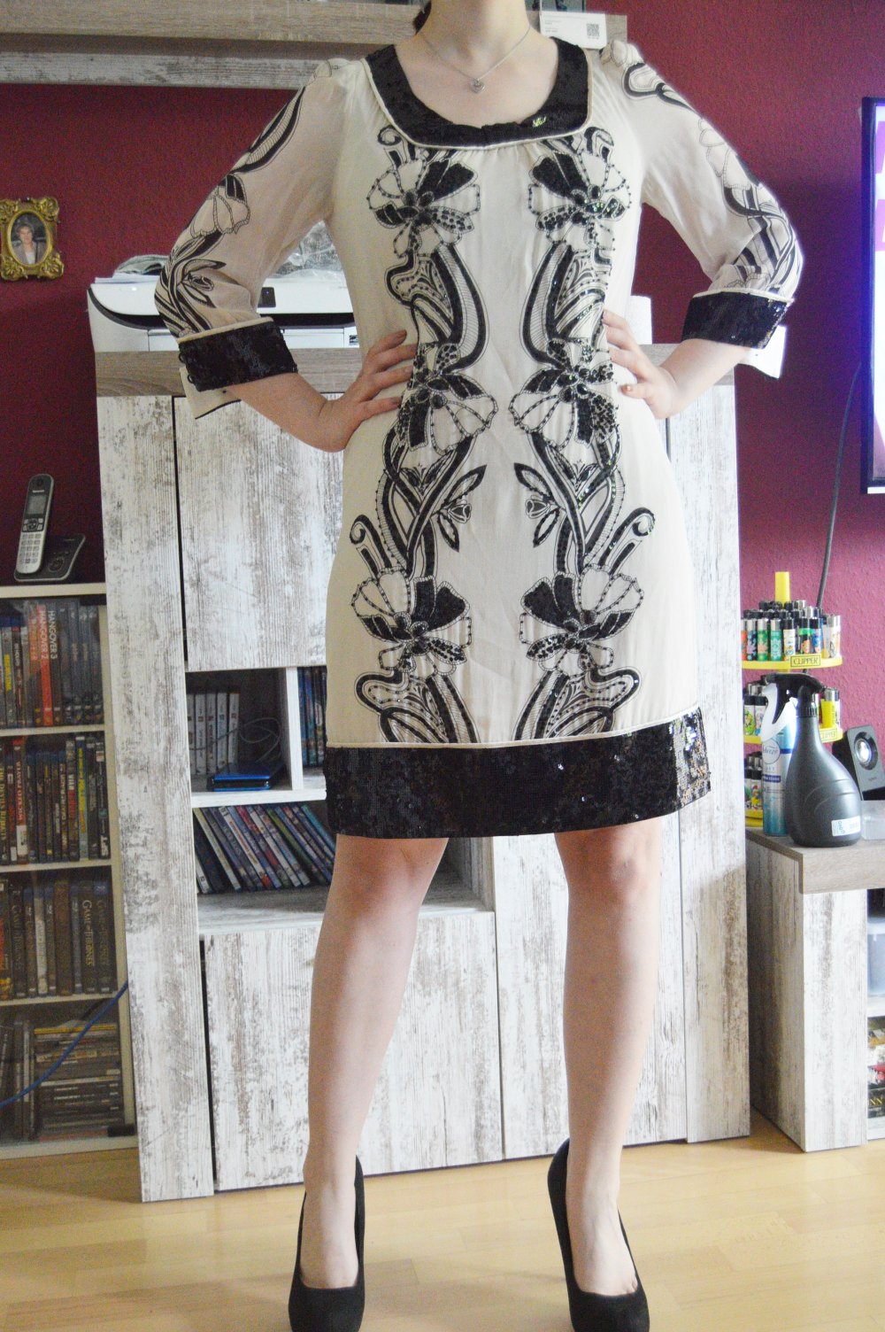 Elegantes Kleid von Derhy gr.M Beige/Schwarz