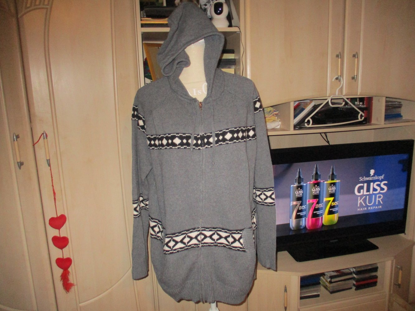 neu,graue strickjacke,gr xl,,baumwolle,kaputze,reissverschluss