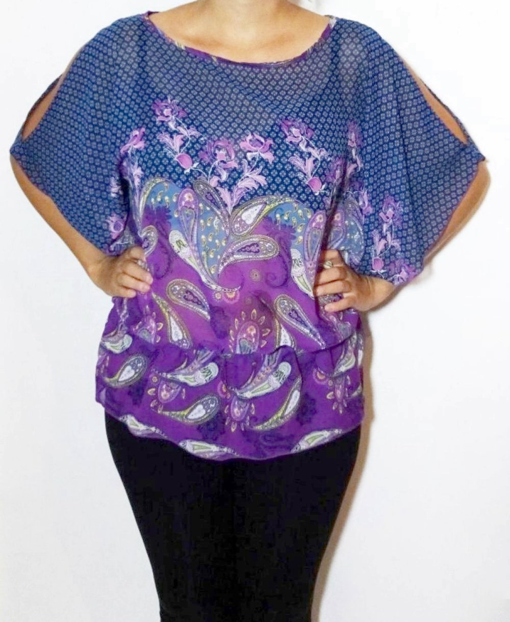 Top mit Fledermausärmeln Lila Muster Paisley Ärmelschlitze Sommer Gr. 40 Gr. M