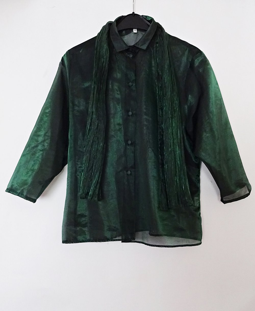 Grüner Vintage Anzug 80er Transparent Bluse Blazer Hose Kostüm Set Schimmer Gr. 40 Gr. M