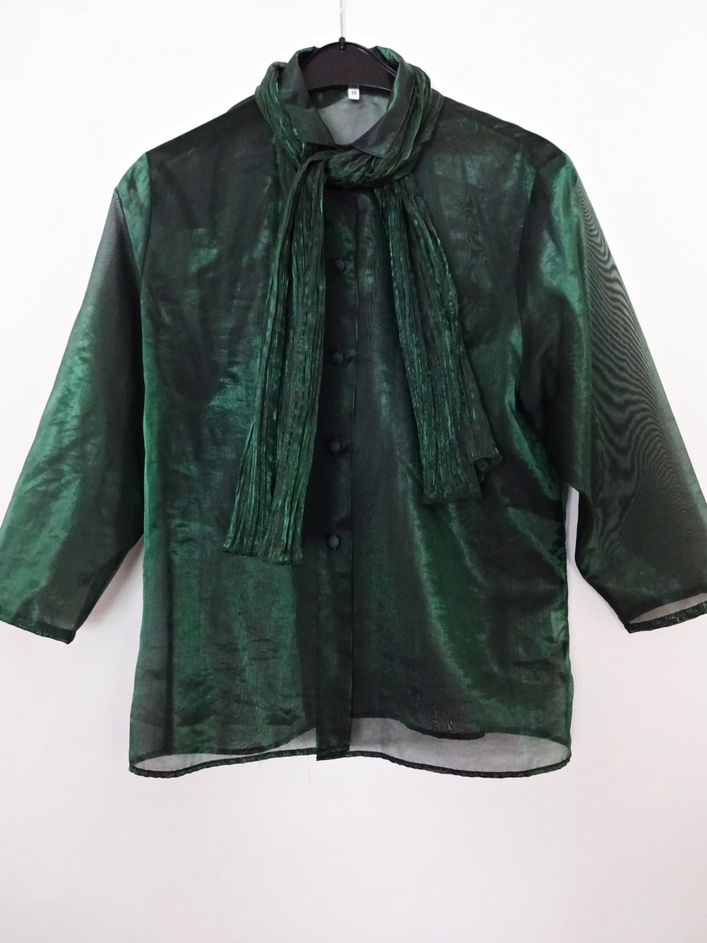 Grüner Vintage Anzug 80er Transparent Bluse Blazer Hose Kostüm Set Schimmer Gr. 40 Gr. M