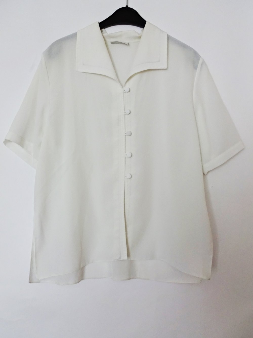 Weiße Vintage Bluse Transparent Hemdbluse Kurzarm England UK 80er Gr. 42 Gr. M Gr. 14
