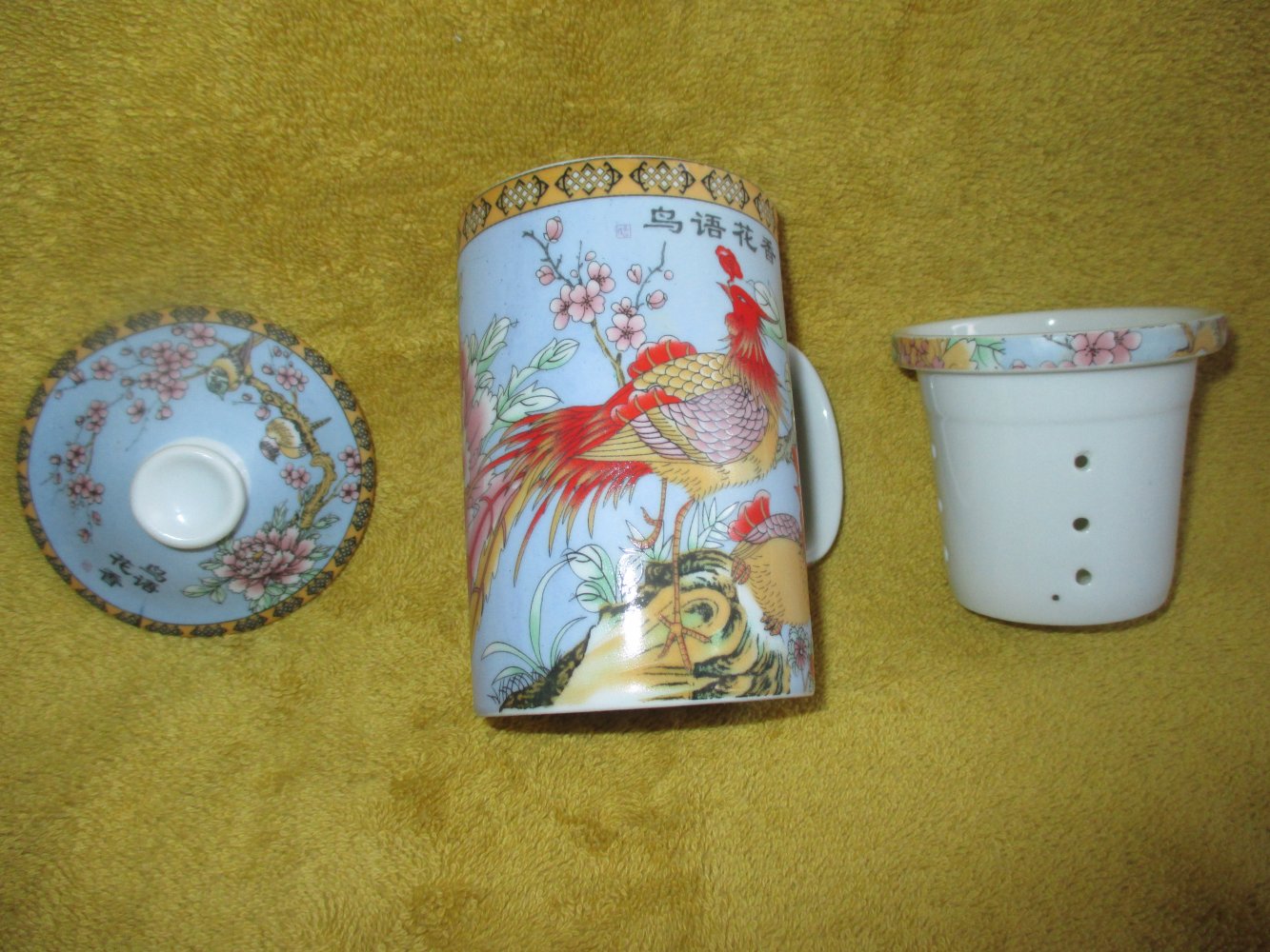 NEU * Asia- Style * SET * Blumen * Blüten * Paradiesvögel * Fasane * Porzellan * Tee- Tasse mit Filtereinsatz und Deckel 