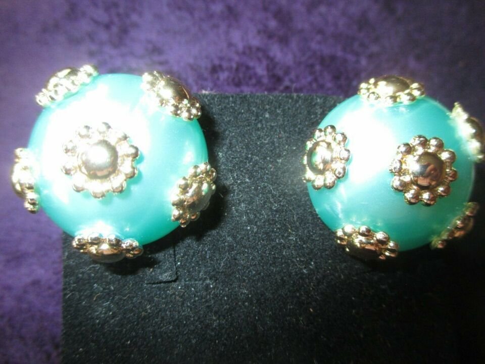 NEU * Edel * Original VINTAGE * 3D Blumen * Blüten * Flower- Power * DESIGNER * Perlen * Ohrringe * Ohrclips * gold * türkis * Perlmutt *
