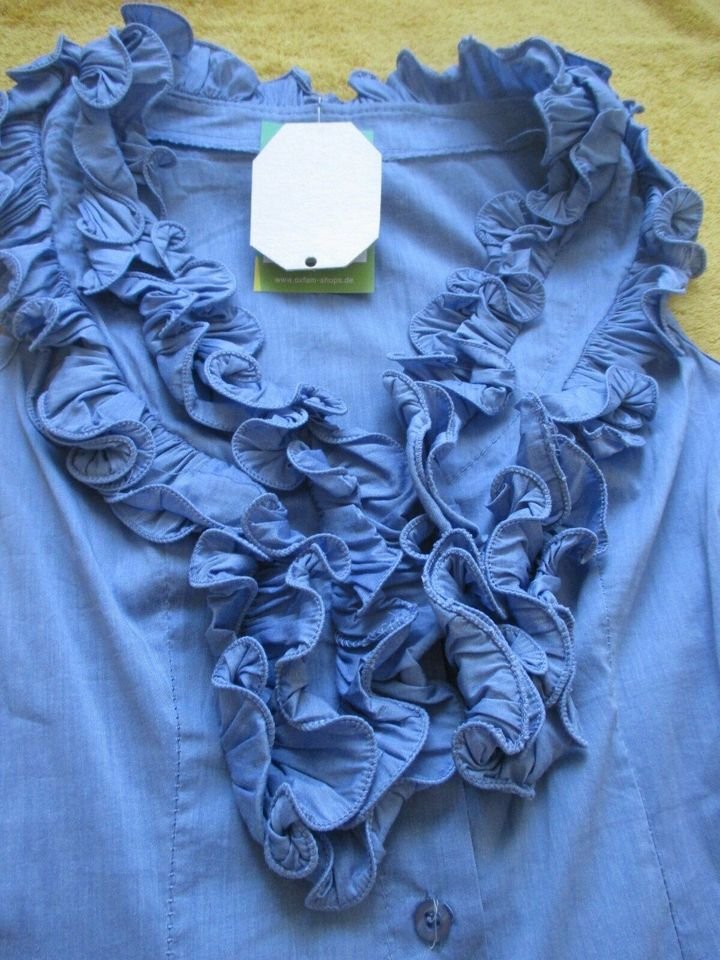  NEU mit ETIKETT * Edel * opulent * Romantik * Rüschen- Volant * Ärmellos * Kurzarm * DESIGNER * Bluse Gr. 34/ XS * hell- himmel- blau *