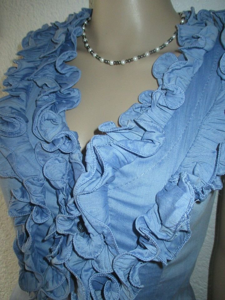  NEU mit ETIKETT * Edel * opulent * Romantik * Rüschen- Volant * Ärmellos * Kurzarm * DESIGNER * Bluse Gr. 34/ XS * hell- himmel- blau *
