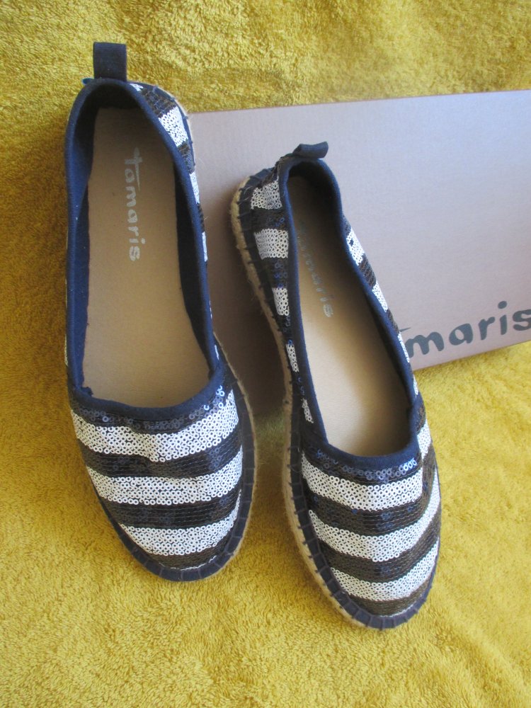 NEU * Edel * Marine * Maritim * Sailor * Navy * Glitzer- Pailletten * Streifen * Espadrilles * Schlüpf- Schuhe 