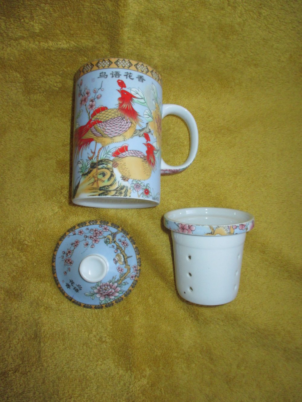 NEU * Asia- Style * SET * Blumen * Blüten * Paradiesvögel * Fasane * Porzellan * Tee- Tasse mit Filtereinsatz und Deckel 