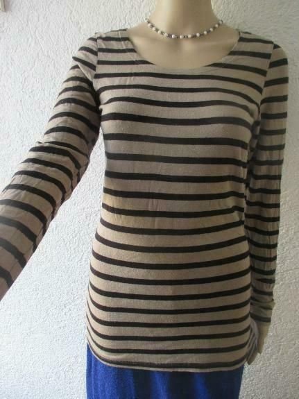 NEU * Allover * Streifen * Ringel * Longsleeve * Langarm * Bodycon * Long * T- Shirt ''ANNE L'' Gr. 34- 36/ XS- S * schwarz * kissel- schlamm- beige *