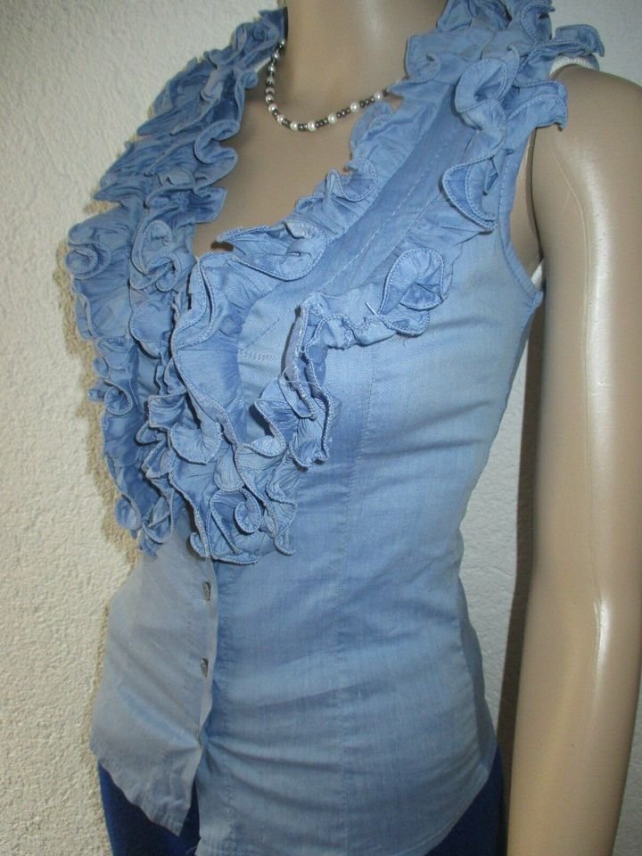  NEU mit ETIKETT * Edel * opulent * Romantik * Rüschen- Volant * Ärmellos * Kurzarm * DESIGNER * Bluse Gr. 34/ XS * hell- himmel- blau *