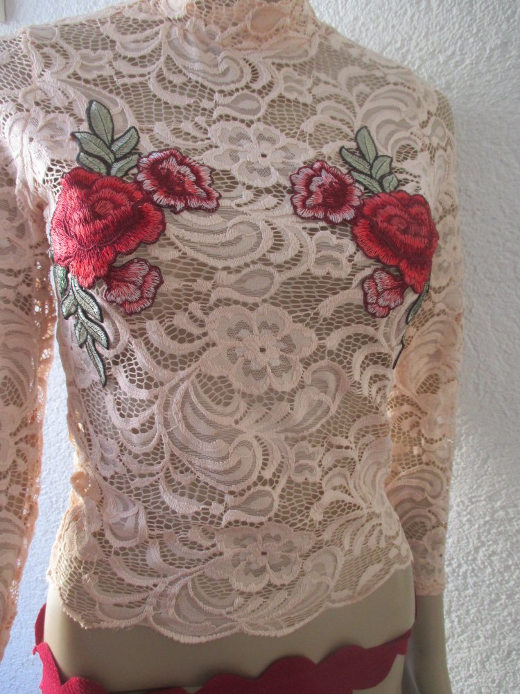 NEU * Romantik- Rosen * Blüten * Applikations- Stickerei * Lace- Spitzen * Langarm * Longsleeve * Kurz * Corp Top * Bodycon * Blusen * T- Shirt 