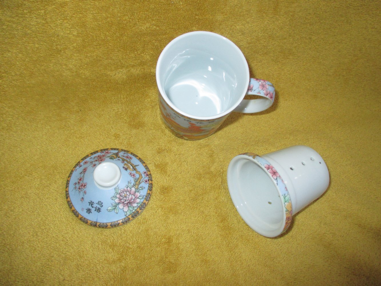 NEU * Asia- Style * SET * Blumen * Blüten * Paradiesvögel * Fasane * Porzellan * Tee- Tasse mit Filtereinsatz und Deckel 