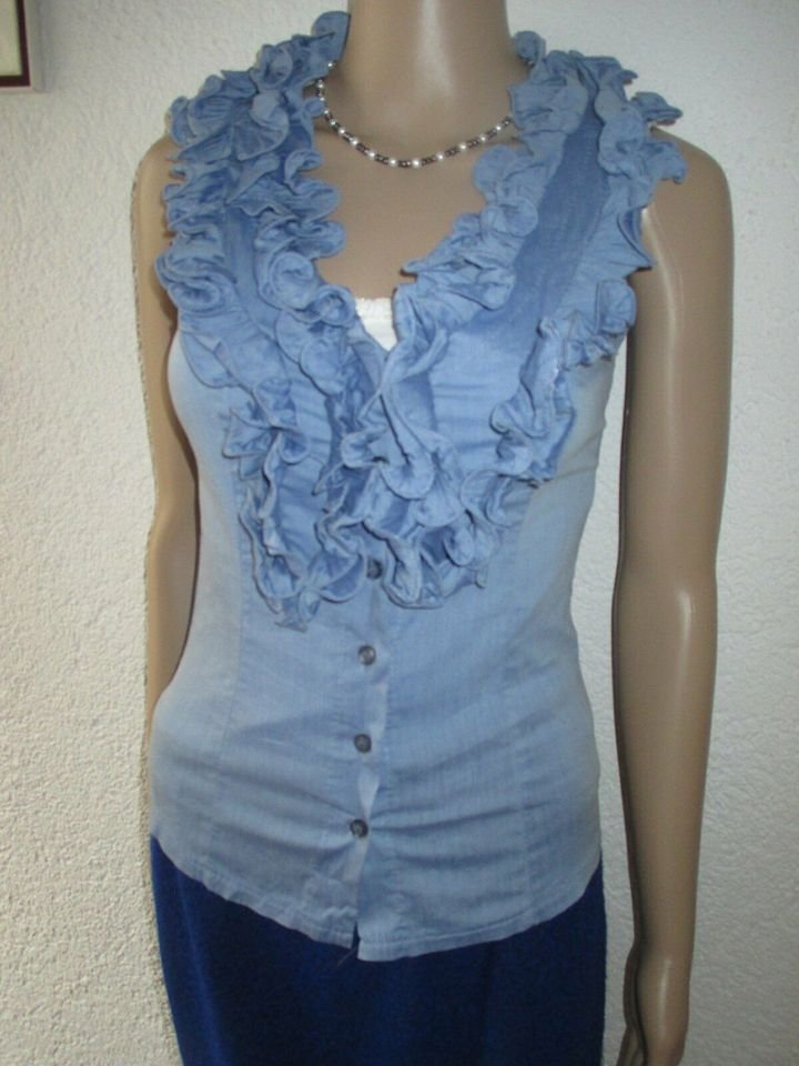  NEU mit ETIKETT * Edel * opulent * Romantik * Rüschen- Volant * Ärmellos * Kurzarm * DESIGNER * Bluse Gr. 34/ XS * hell- himmel- blau *