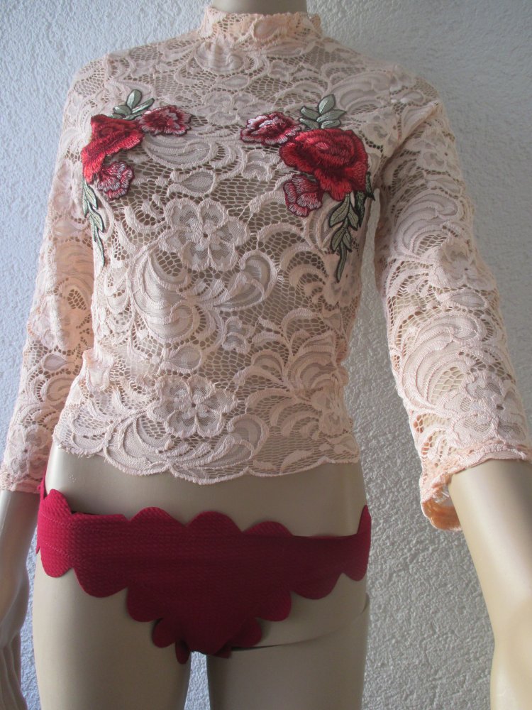 NEU * Romantik- Rosen * Blüten * Applikations- Stickerei * Lace- Spitzen * Langarm * Longsleeve * Kurz * Corp Top * Bodycon * Blusen * T- Shirt 