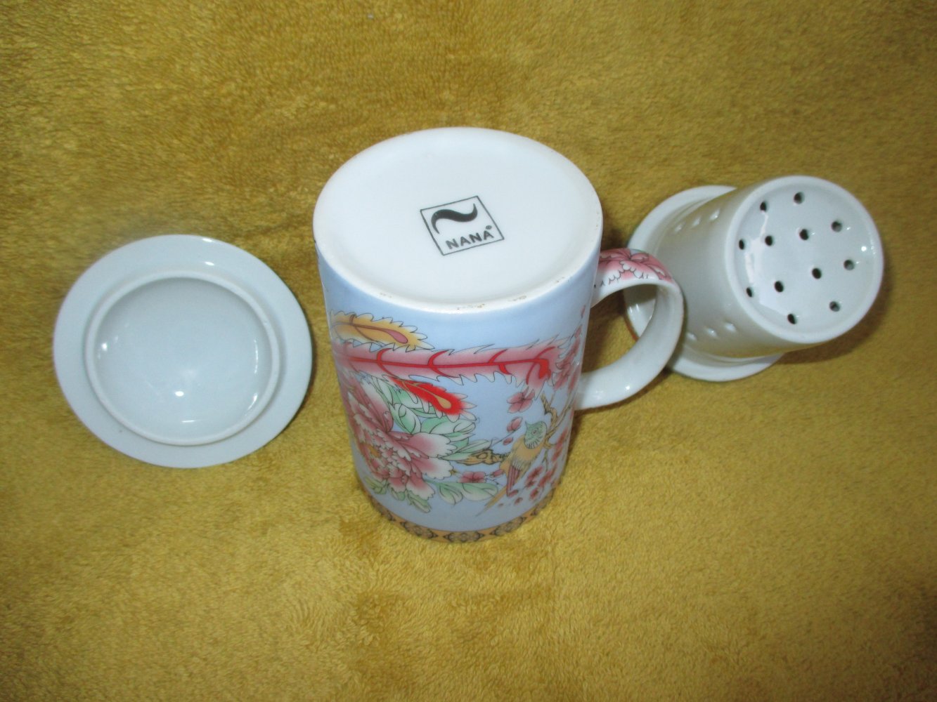 NEU * Asia- Style * SET * Blumen * Blüten * Paradiesvögel * Fasane * Porzellan * Tee- Tasse mit Filtereinsatz und Deckel 
