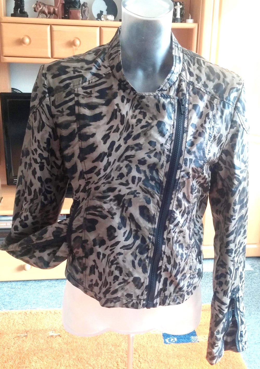 NEU Damen Bikerjacke in Leder Optik Animalprint Gr.38 Taupe/Schwarz 