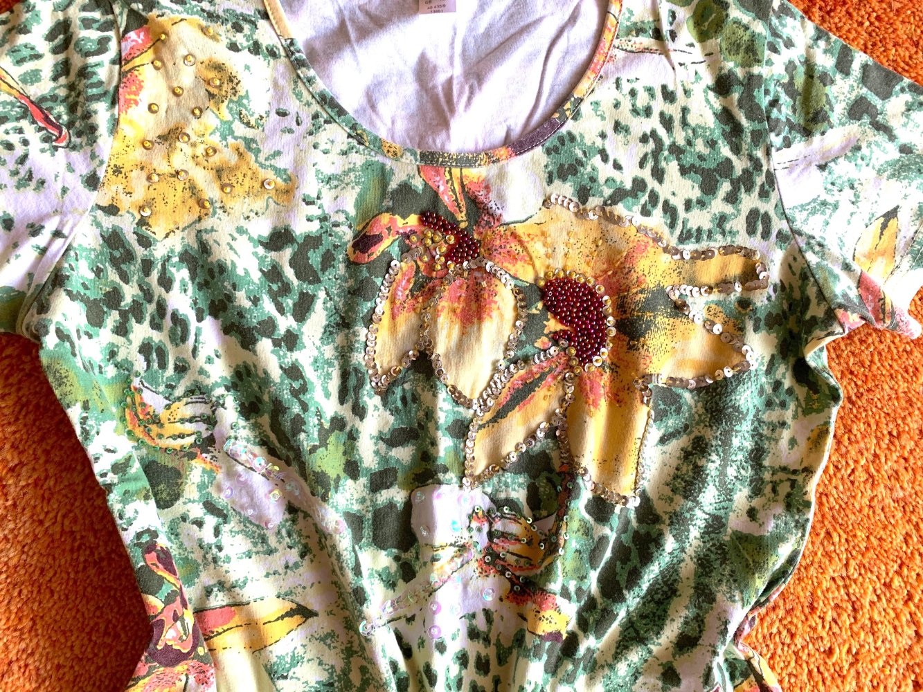 Damen Shirt mit Pailletten & Blumenprint Gr.S in Grün/Bunt Jersey