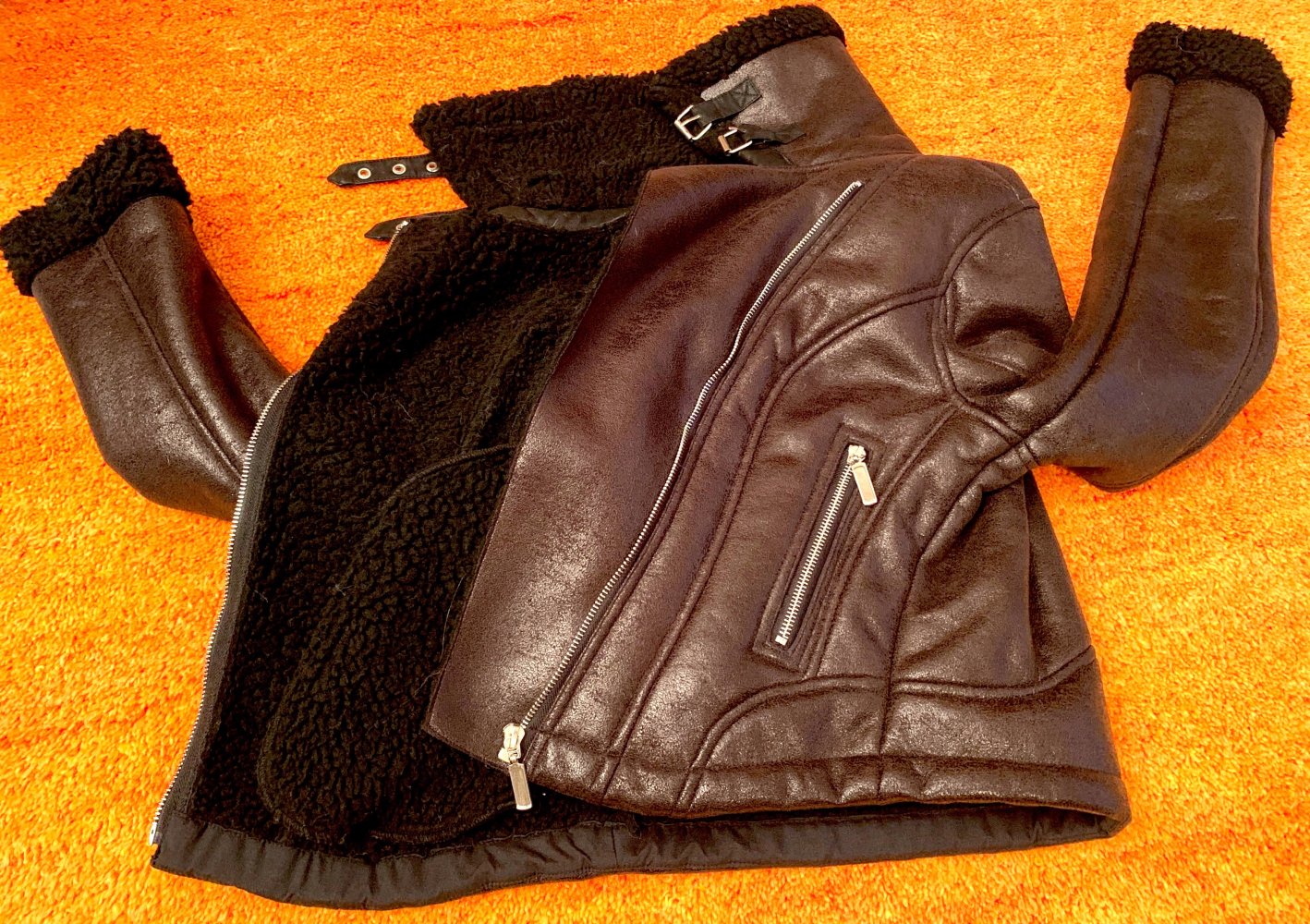 Damen Biker Jacke Leder Imitat Teddy Pelz Gr.S in Schwarz NW