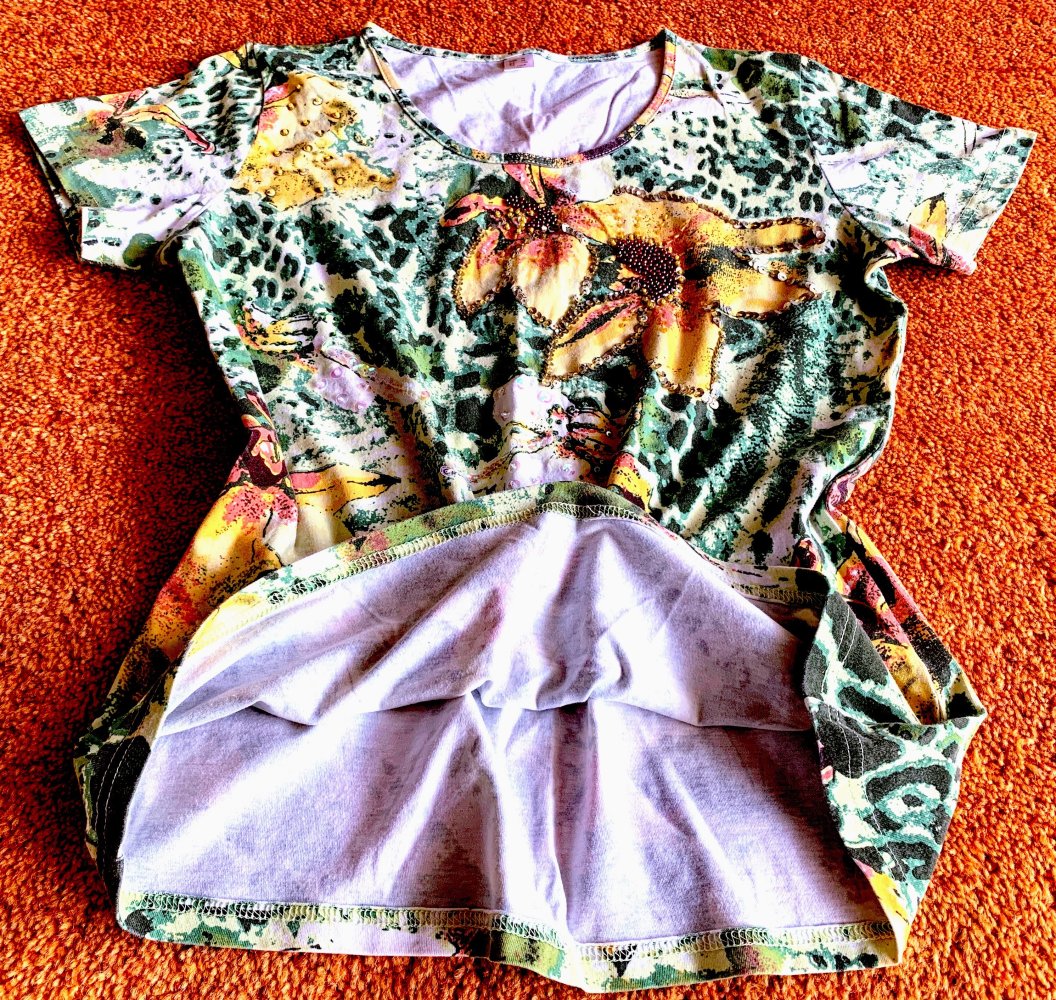 Damen Shirt mit Pailletten & Blumenprint Gr.S in Grün/Bunt Jersey