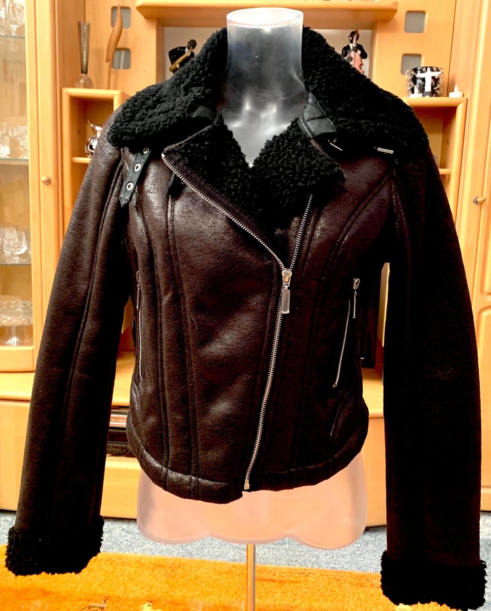 Damen Biker Jacke Leder Imitat Teddy Pelz Gr.S in Schwarz NW