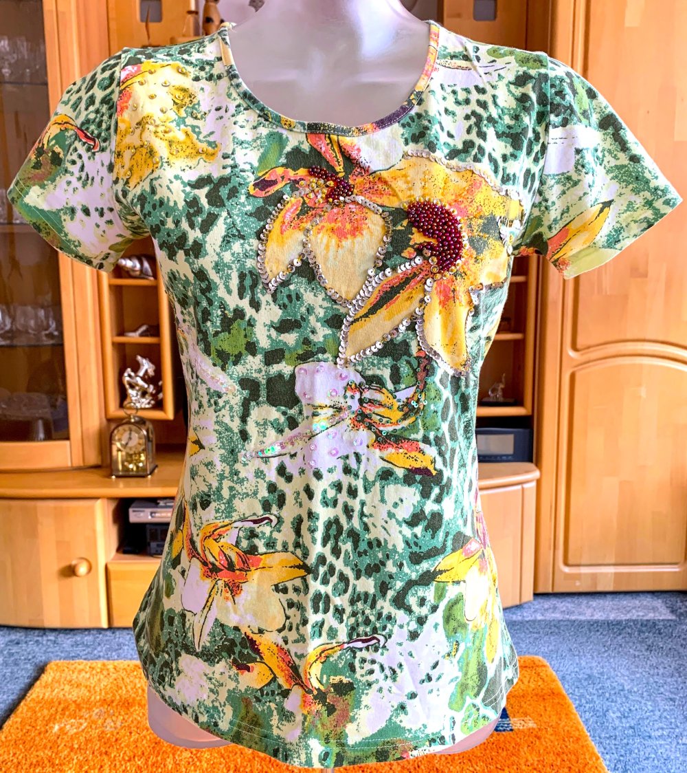 Damen Shirt mit Pailletten & Blumenprint Gr.S in Grün/Bunt Jersey