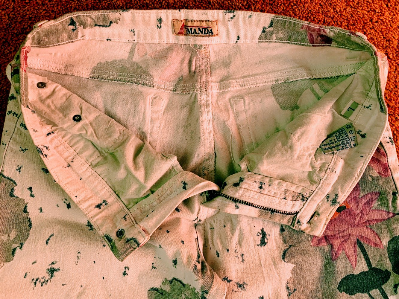 Damen Stretch Jeans Hose Gr.L von Manda Creme/Lila/Grün geblümt Figurformend & bequem NW 