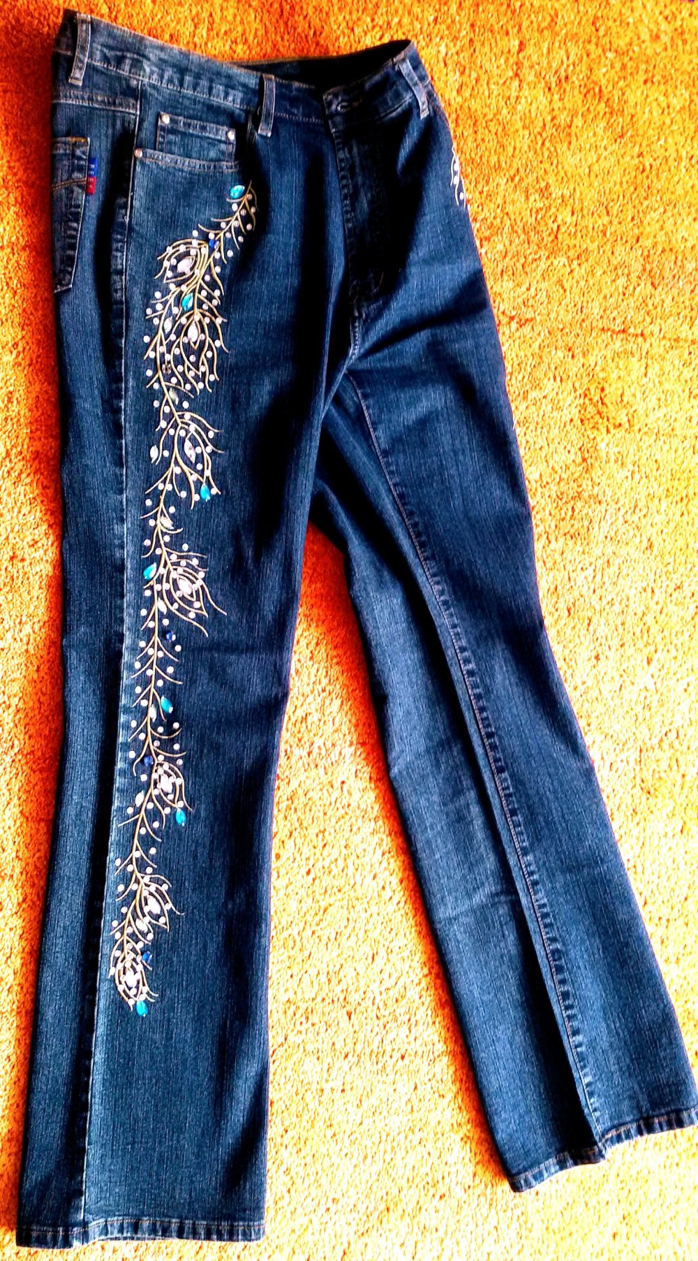 Damen Hose Stretch Jeans Strass-Steinen Gr.38 in Blau von RE & X
