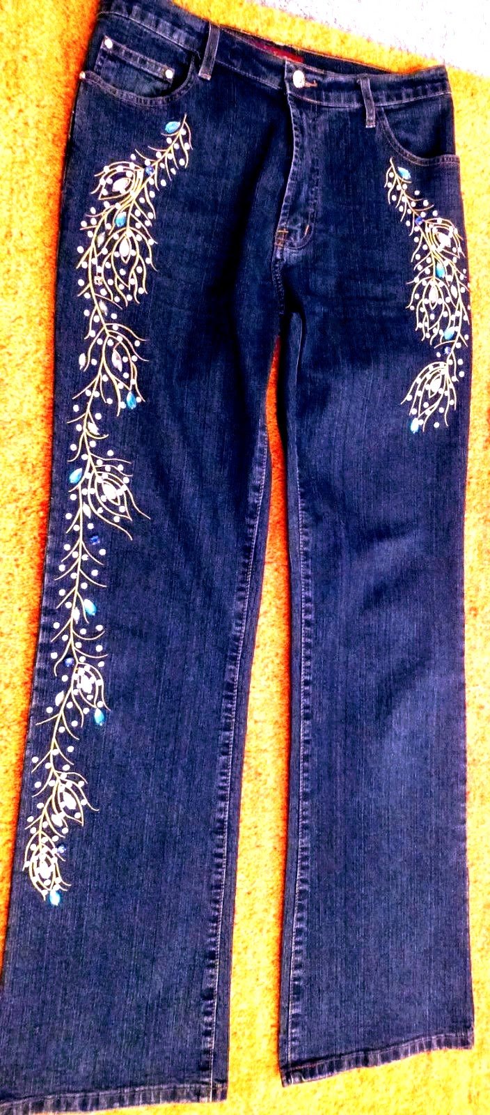 Damen Hose Stretch Jeans Strass-Steinen Gr.38 in Blau von RE & X