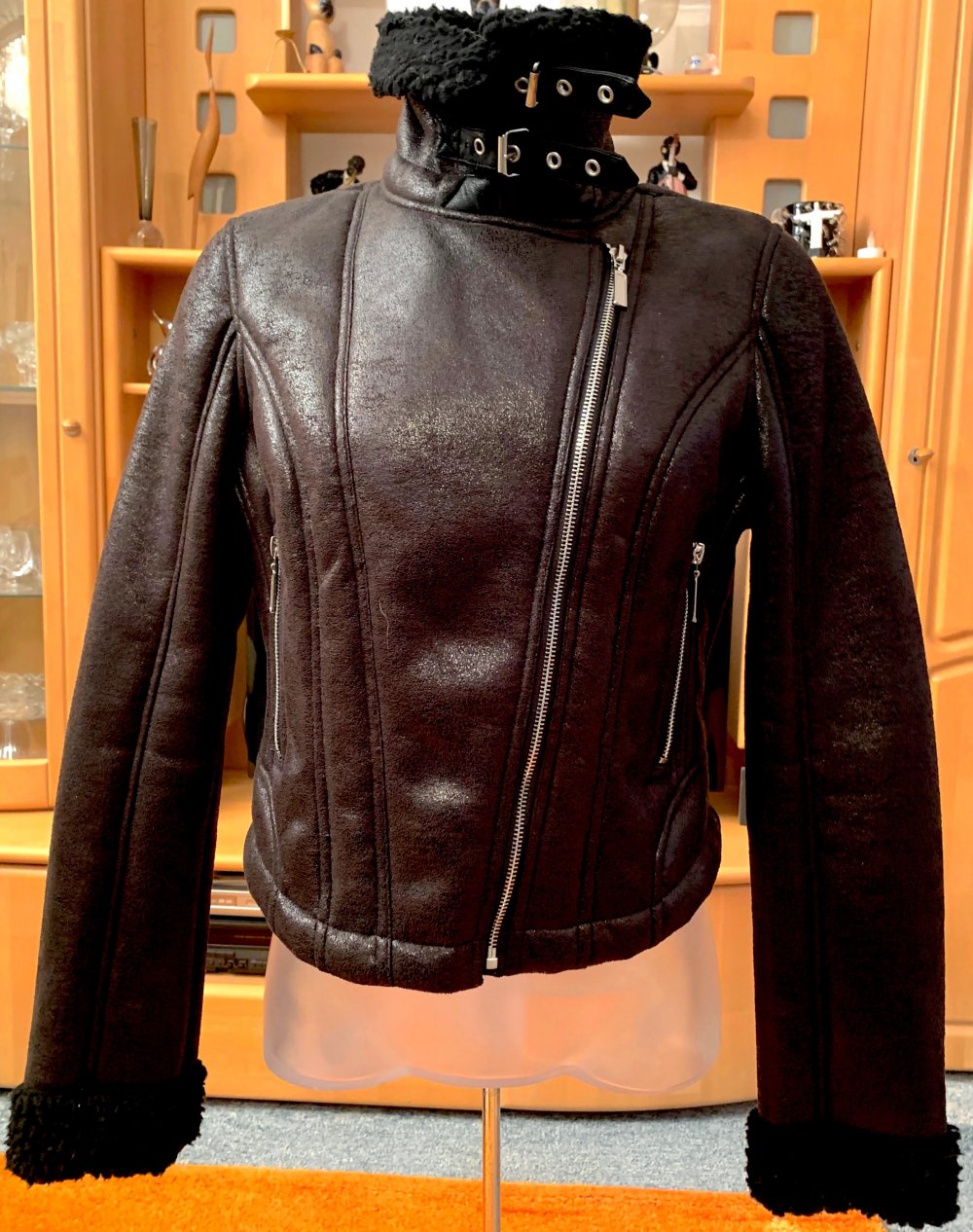 Damen Biker Jacke Leder Imitat Teddy Pelz Gr.S in Schwarz NW