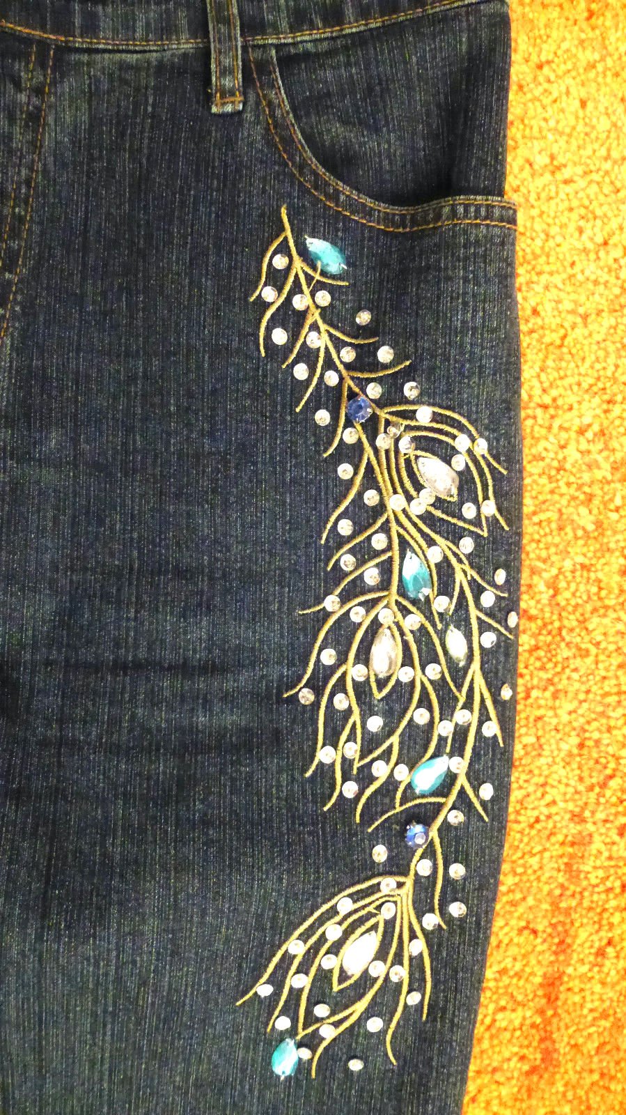 Damen Hose Stretch Jeans Strass-Steinen Gr.38 in Blau von RE & X