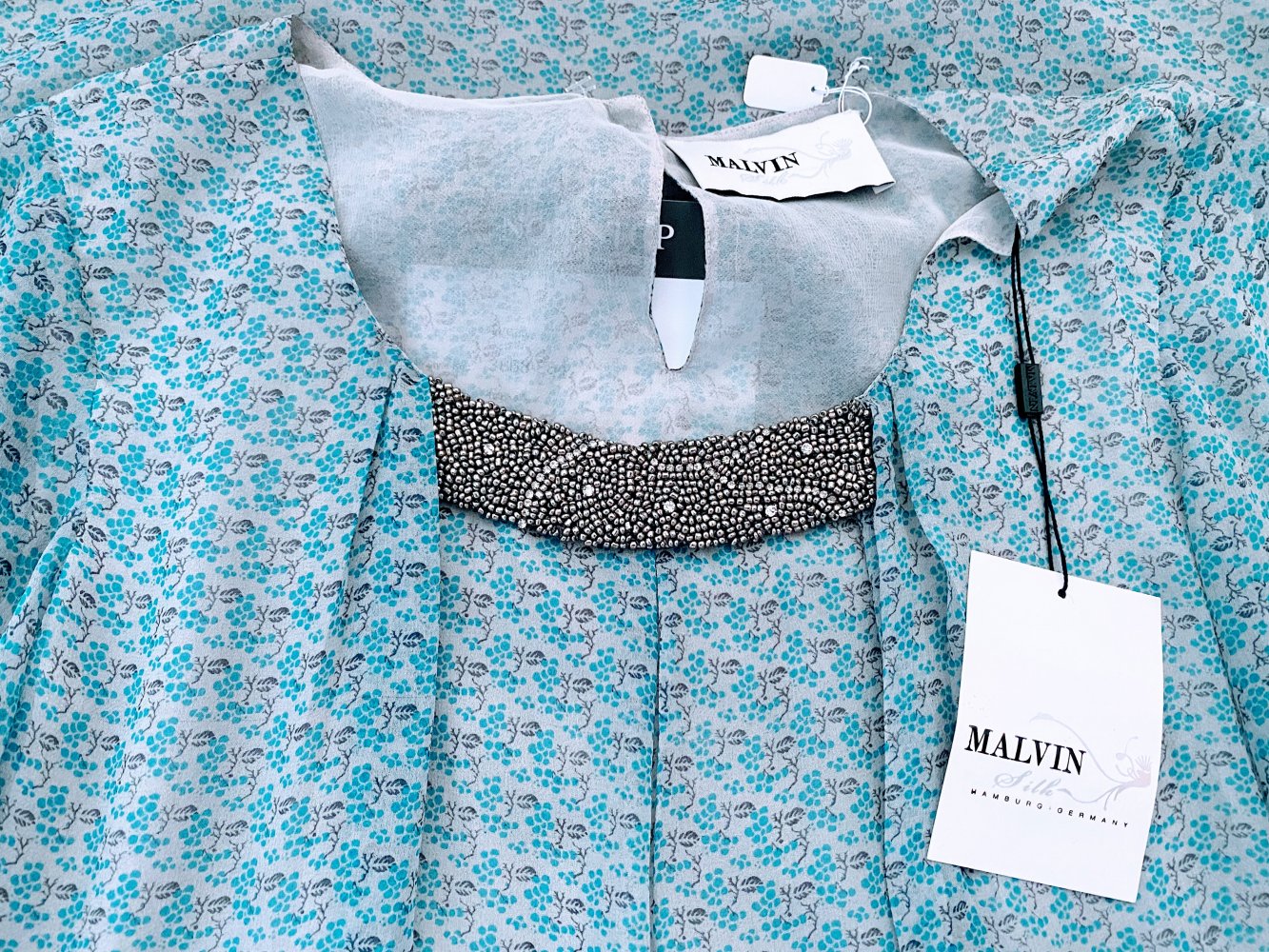 NEU Damen Sommerkleid Tunika Gr.38 in Petrol geblümt von Malvin mit Strass & Perlen Stilvoll & edel 