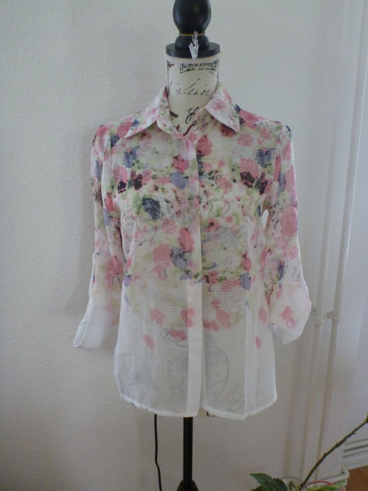 weiße, transparente Bluse mit Blumen Gr. S/36