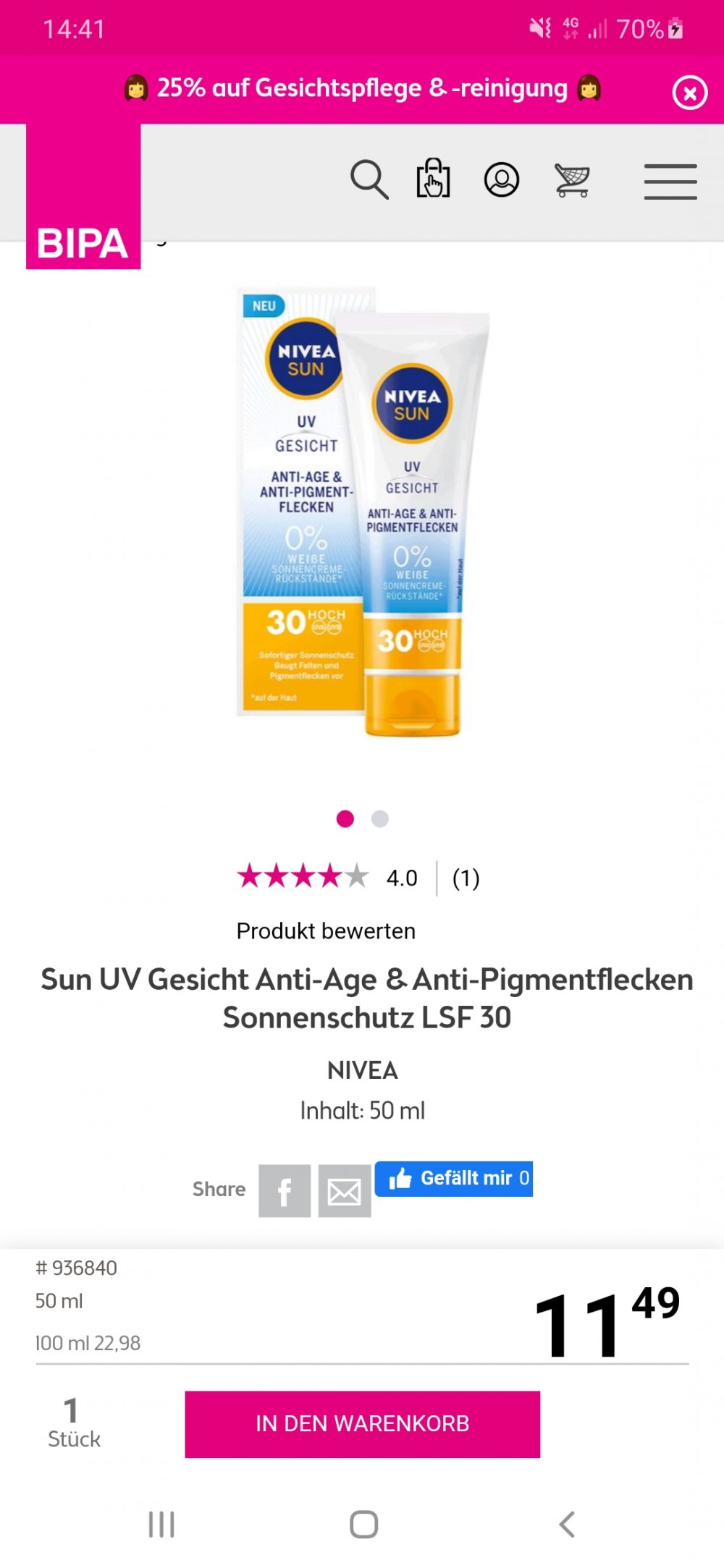 Neues Nivea Sun Gesicht, Anti-Age & Anti-Pigmentflecken Sonnenschutz, LSF 30,