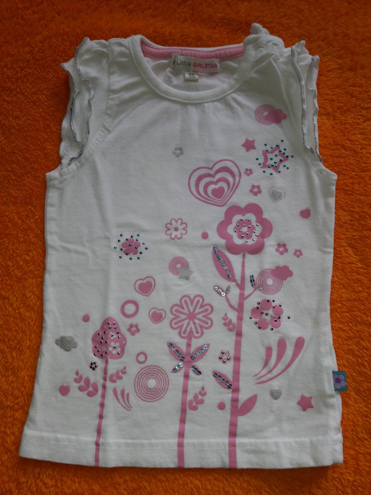 T-Shirt, weiß mit rosa Blumen/Herzen