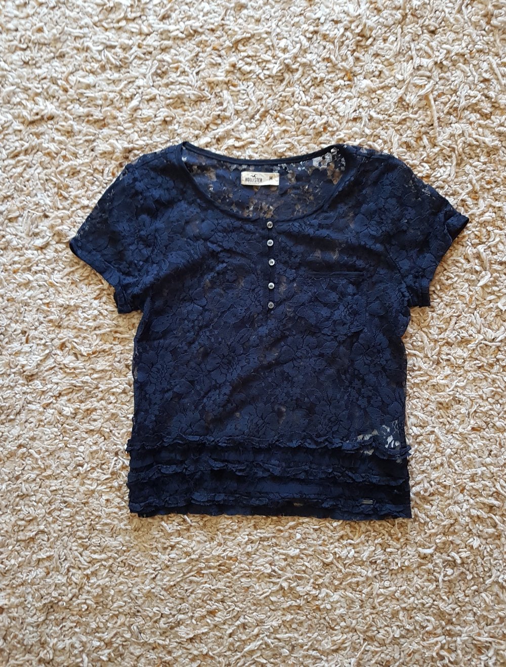 Hollister Spitzenshirt T-Shirt mit kleine Knopfleiste dunkelblau Gr.M