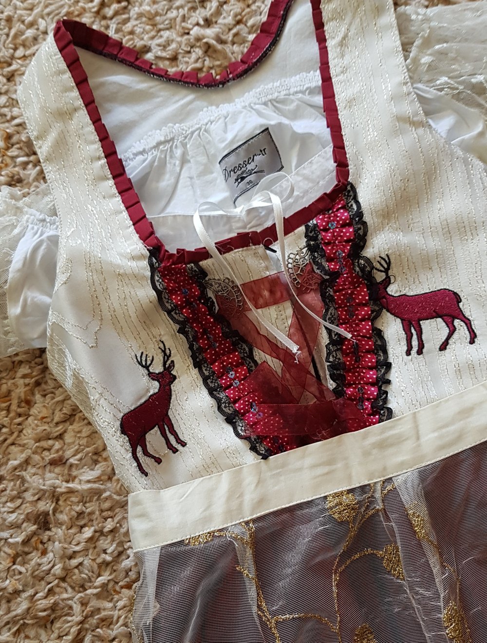 Dirndl mit Bluse und Schürze 3Teile weiß  creme dunkelrot Gr.36