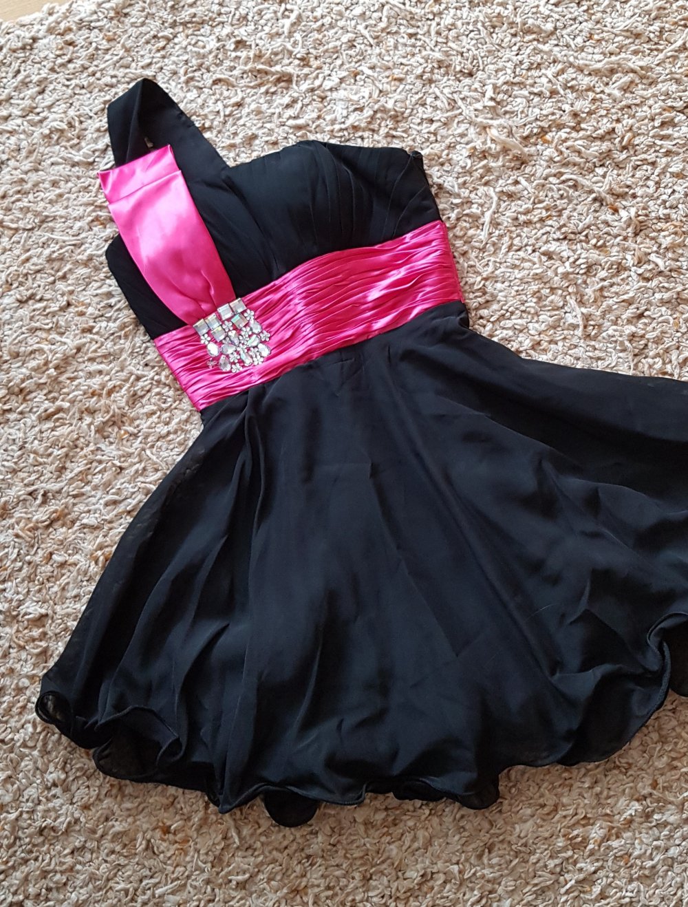 Partykleid Abiballkleid Cocktailkleid  One Shoulder schwarz  pink Straßsteine Gr.S