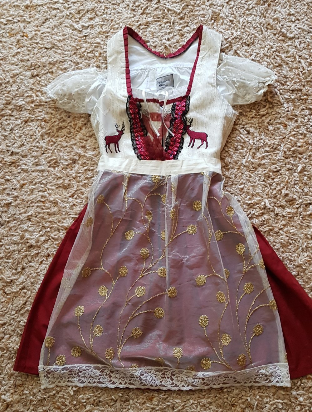 Dirndl mit Bluse und Schürze 3Teile weiß  creme dunkelrot Gr.36
